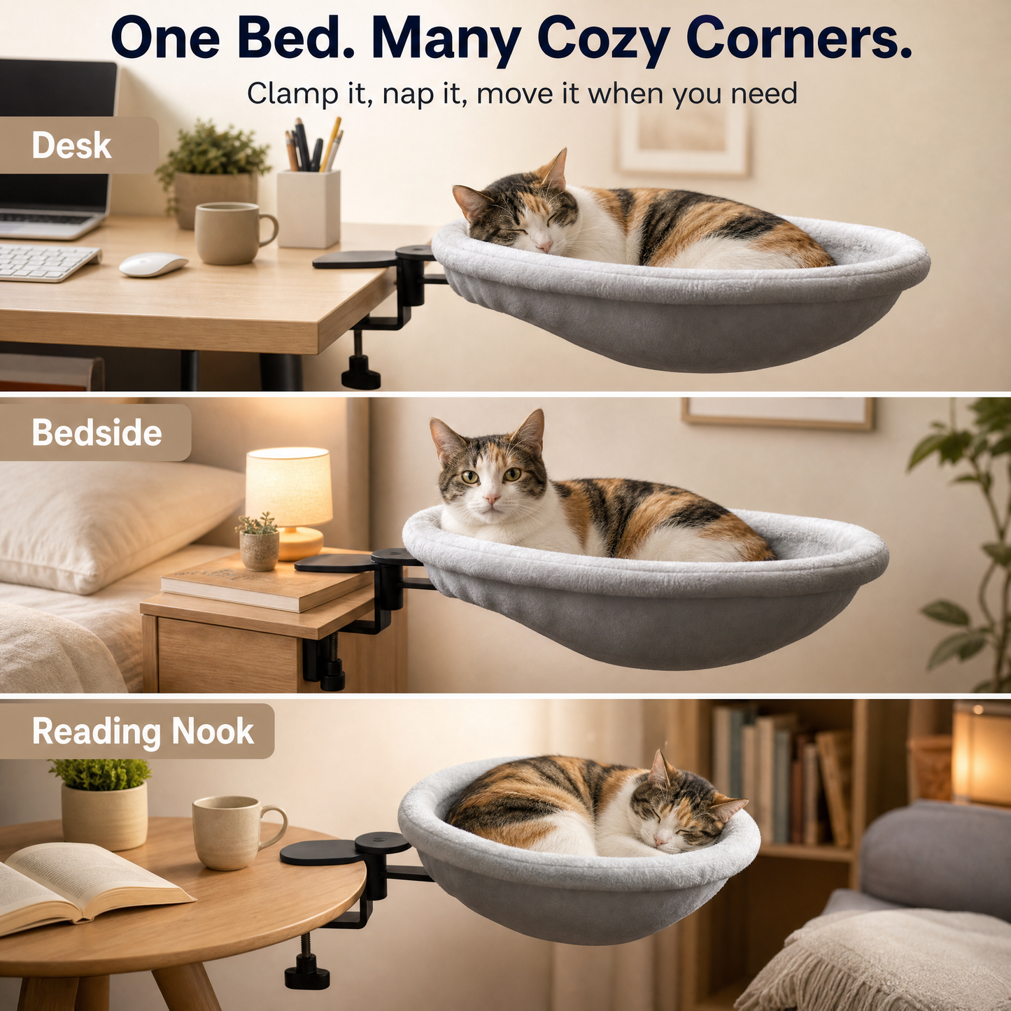 Desk-Mount Cat Hammock, Foldable Pet Bed for Home Office, Soft Faux Rabbit Fur Cat Perch with Clamp, Space-Saving Cat Furniture for Small Cats