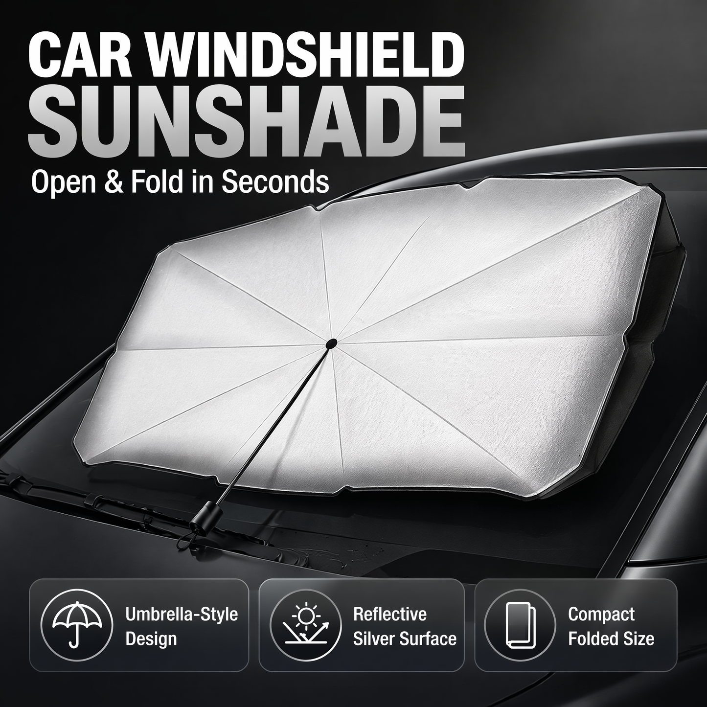Car Windshield Sun Shade Umbrella - Foldable Heat-Reflective UV Protection Sun Visor for Car Interior, Universal Fit Titanium Silver Sunshade