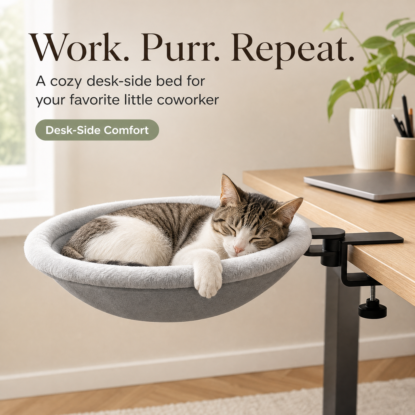 Desk-Mount Cat Hammock, Foldable Pet Bed for Home Office, Soft Faux Rabbit Fur Cat Perch with Clamp, Space-Saving Cat Furniture for Small Cats
