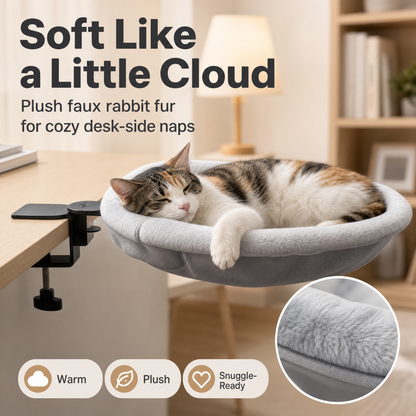 Desk-Mount Cat Hammock, Foldable Pet Bed for Home Office, Soft Faux Rabbit Fur Cat Perch with Clamp, Space-Saving Cat Furniture for Small Cats