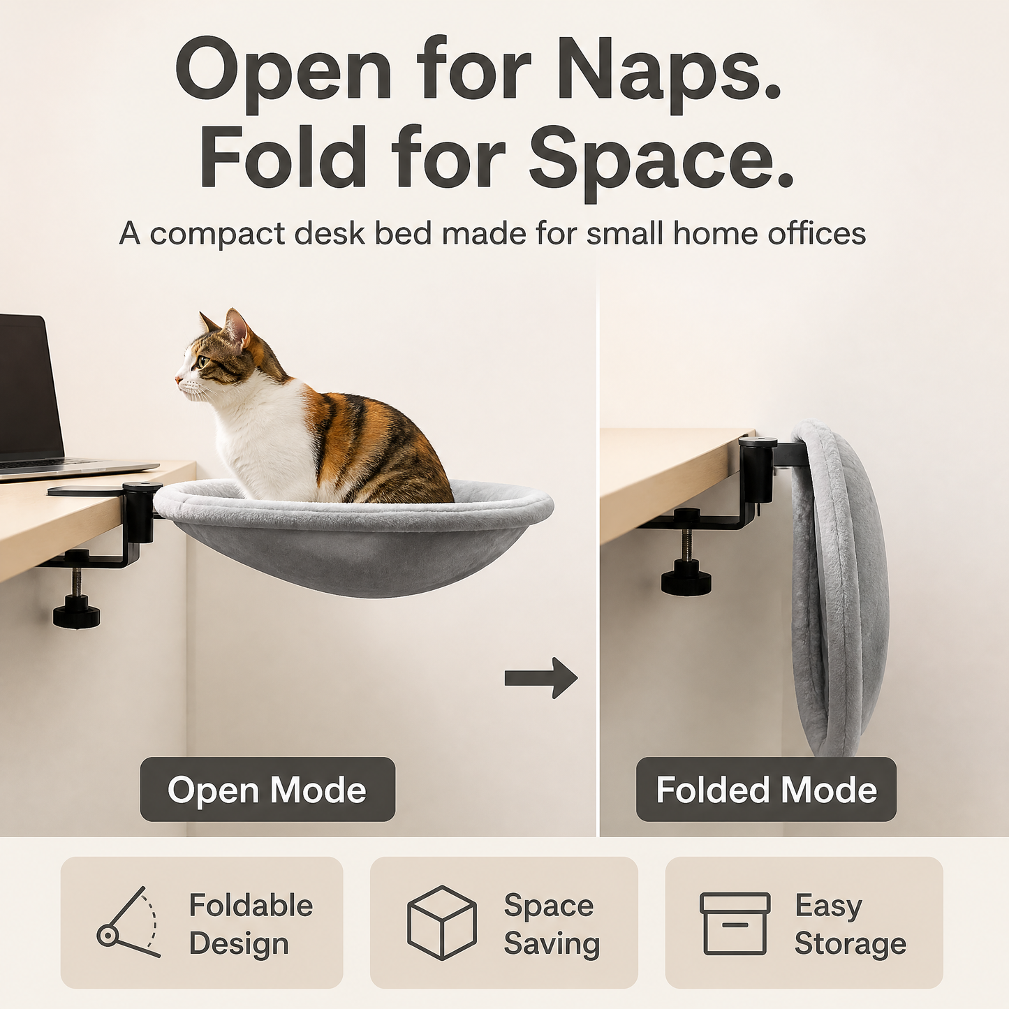 Desk-Mount Cat Hammock, Foldable Pet Bed for Home Office, Soft Faux Rabbit Fur Cat Perch with Clamp, Space-Saving Cat Furniture for Small Cats