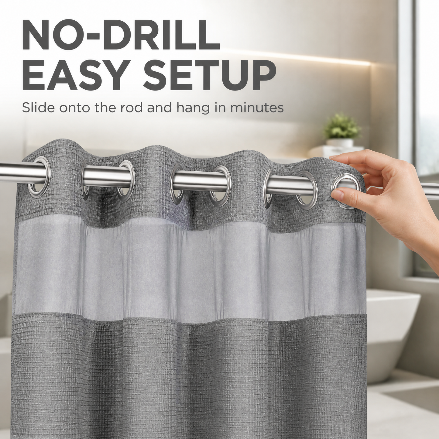 No-Drill Waffle Weave Shower Curtain - Water-Repellent Bathroom Partition with Sheer Window, Easy Install Stall Shower Liner for Modern Bathroom