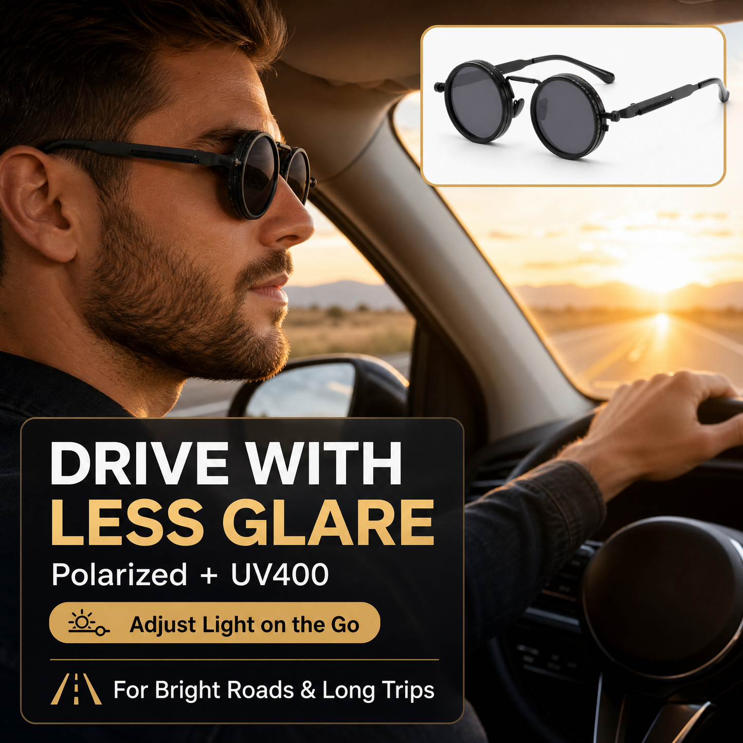 ND9 Adjustable Dimming Sunglasses, Retro Round UV400 Polarized Outdoor Glasses