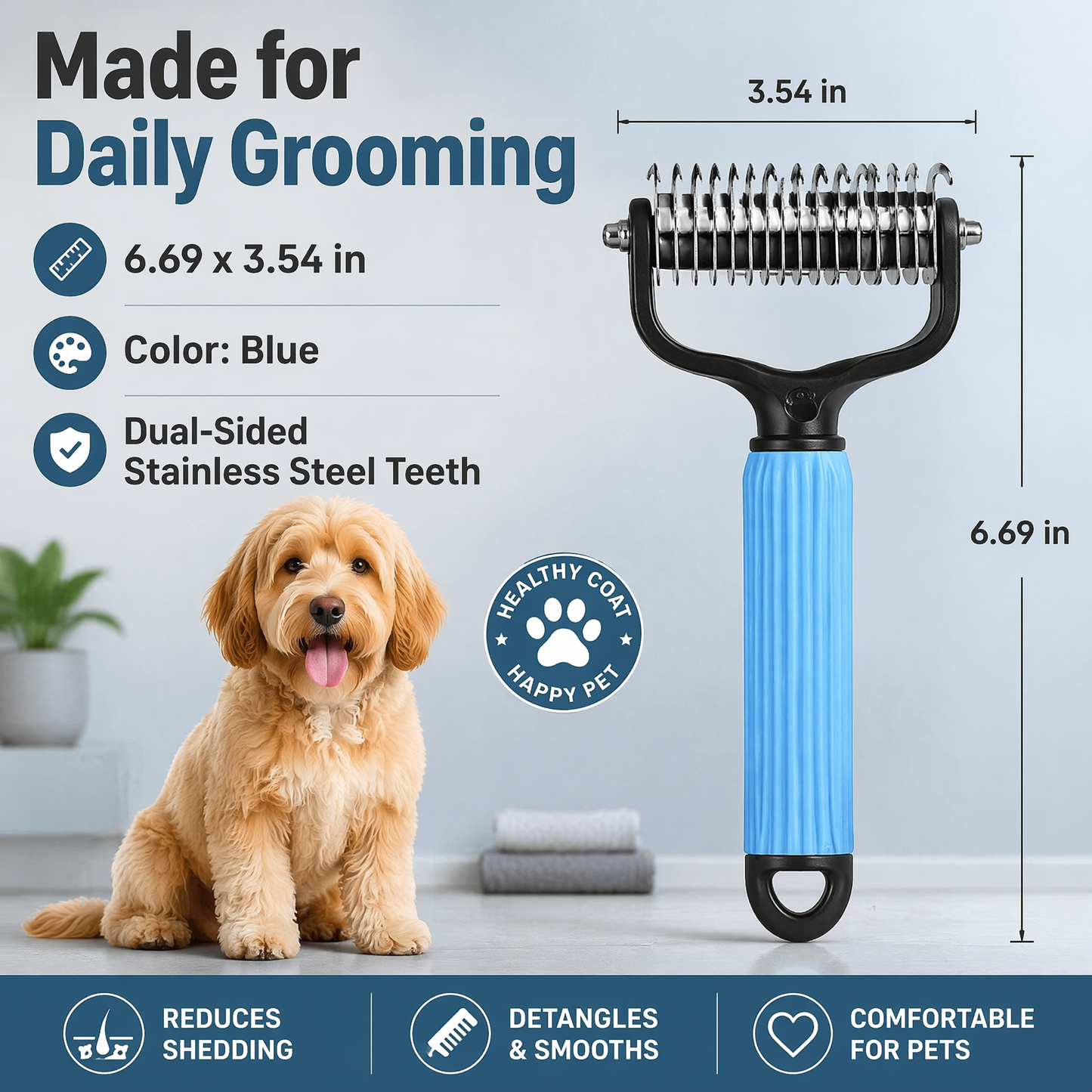 Universal Pet Detangling — Double-Sided Stainless Steel Grooming Tool for Coat Care & Shedding Removal