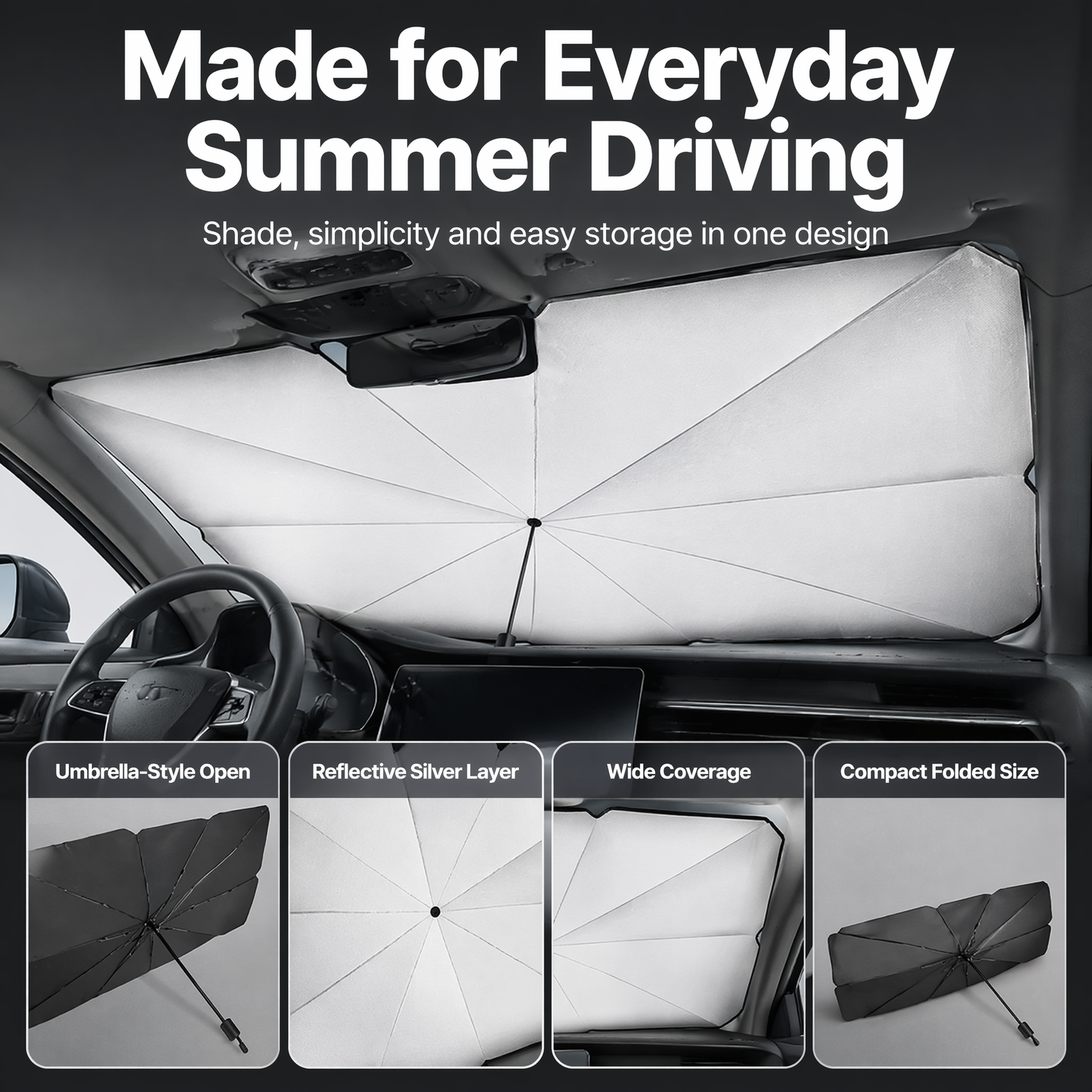 Car Windshield Sun Shade Umbrella - Foldable Heat-Reflective UV Protection Sun Visor for Car Interior, Universal Fit Titanium Silver Sunshade